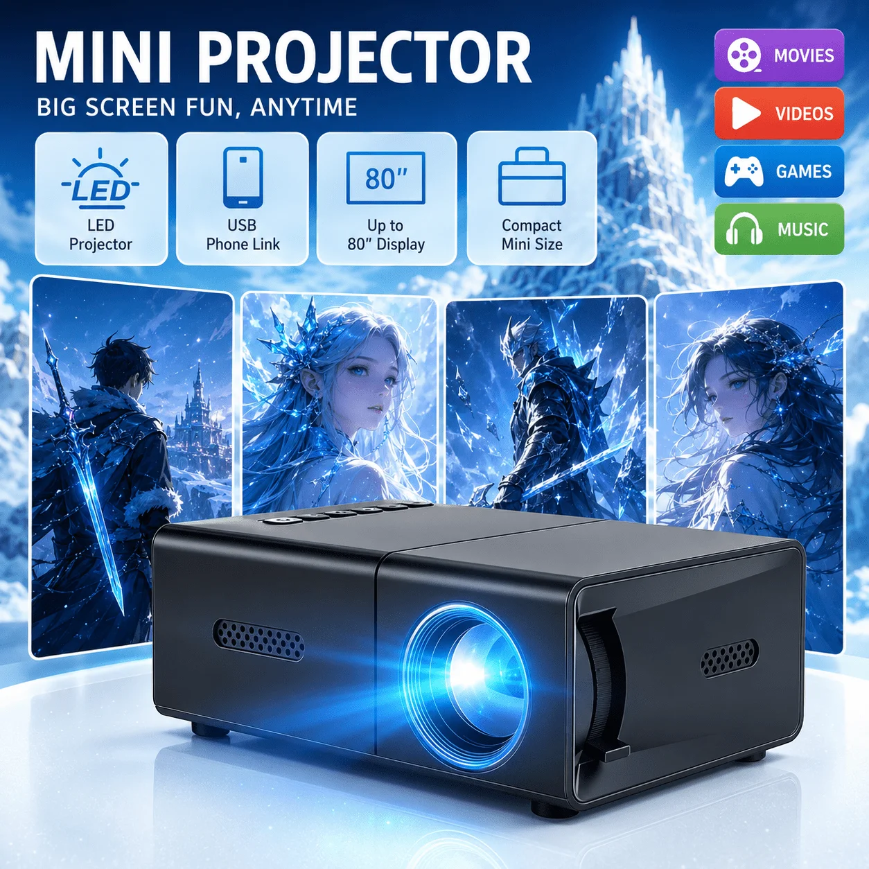 Retro Gaming Projector - Mini portable projector, compatible with home